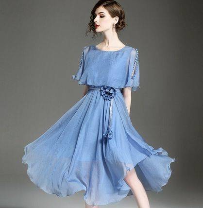 パーティードレス クルーネック 半袖 オープンショルダー 花ベルト ミディ丈 シフォン フレア チュール 無地 エレガント ふんわり