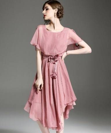 パーティードレス クルーネック 半袖 オープンショルダー 花ベルト ミディ丈 シフォン フレア チュール 無地 エレガント ふんわり パーティードレス クルーネック 半袖 オープンショルダー 花ベルト