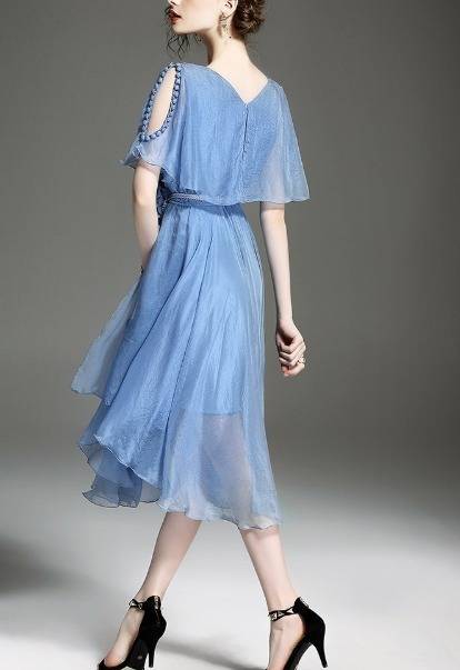 パーティードレス クルーネック 半袖 オープンショルダー 花ベルト