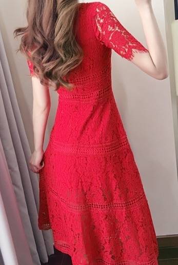 パーティードレス 花柄 レース 半袖 ?ネック 3色 ミモレ丈 Aライン