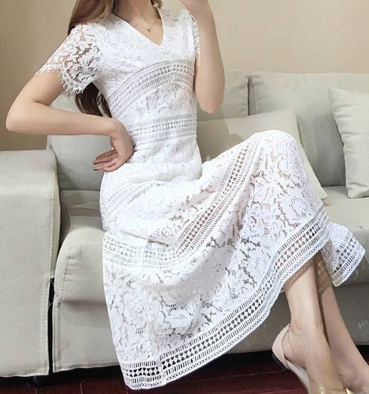 パーティードレス 花柄 レース 半袖 ?ネック 3色 ミモレ丈 Aライン