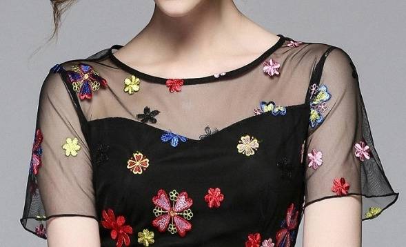 パーティードレス 可愛い 花柄 刺繍 半袖 ボートネック 膝上丈 ミニ丈