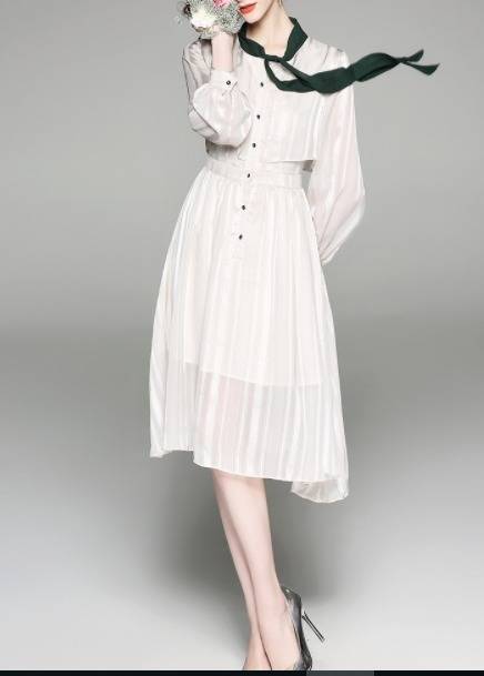 パーティードレス 長袖 リボンタイ 膝丈 ミディ丈 Aライン ストライプ