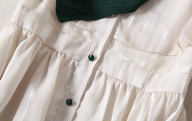 パーティードレス 長袖 リボンタイ 膝丈 ミディ丈 Aライン ストライプ