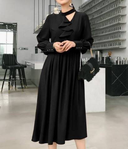 パーティードレス エレガント 非対称 Aライン2色 ミモレ丈 フリル