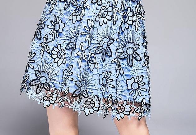 パーティードレス 花柄レース ノースリーブ クルーネック ミニ丈