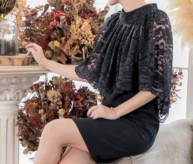 パーティードレス レース 花柄 ケープ風 6色 膝丈 フレア フリル