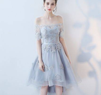 フィッシュテールドレス オフショル 半袖 パーティードレス クロスバック レースアップ レース 花柄 ミディ丈 チュール パーティー