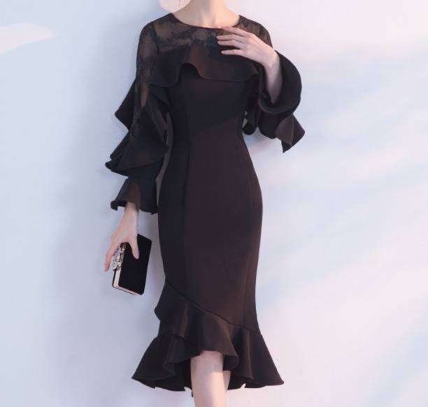 イブニングパーティードレス 可愛い ボートネック フリル マーメイド 膝丈 ミディ丈 タイト 長袖 フリル袖 ブラック パーティー 結婚式 イブニングパーティードレス 可愛い ボートネック フリル マーメイド