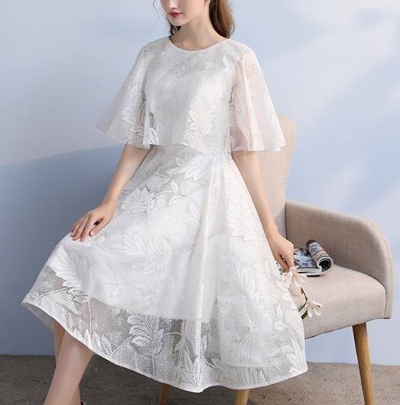 パーティドレス 総レース イブニング 3色 フレア Aライン 五分袖