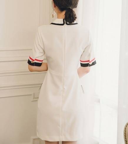 パーティーワンピース 可愛い リボン 半袖 Aライン ミニ丈 ミディ 襟付き ライン入り 女子会 同窓会 二次会 お呼ばれ フォーマル パーティーワンピース 可愛い リボン 半袖 Aライン ミニ丈 ミディ 襟