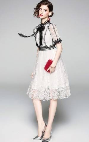 パーティードレス 可愛い レース リボン バイカラー 半袖 膝丈 Aライン