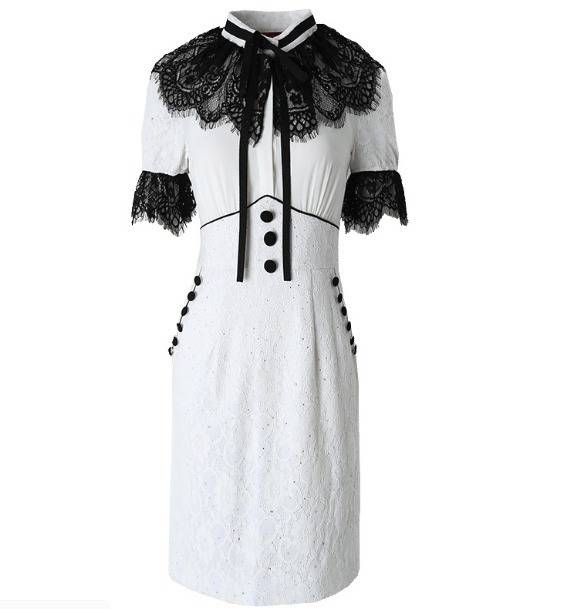 パーティードレス 花柄 レース 半袖 ドット 水玉 リボン 飾りボタン