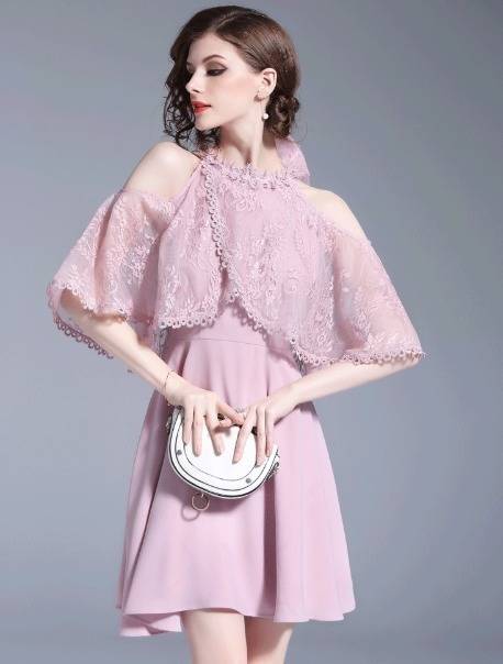 レースパーティードレス ピンク 半袖 フレア パーティードレス