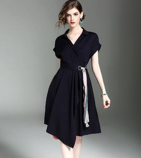 パーティーワンピース ?ネック半袖 ベルト 無地 膝下丈 ミディ丈 赤 レッド 不規則デザイン エレガント パーティー 結婚式 二次会