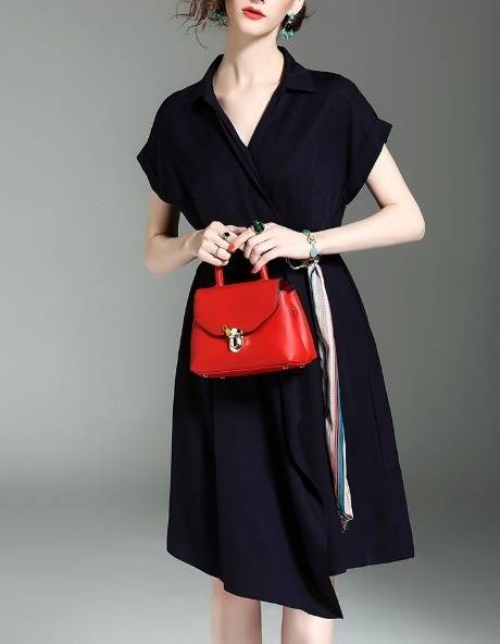 パーティーワンピース ?ネック半袖 ベルト 無地 膝下丈 ミディ丈 赤 レッド 不規則デザイン エレガント パーティー 結婚式 二次会 パーティーワンピース ?ネック半袖 ベルト 無地 膝下丈 ミディ丈 赤