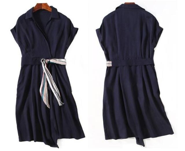 パーティーワンピース ?ネック半袖 ベルト 無地 膝下丈 ミディ丈 赤