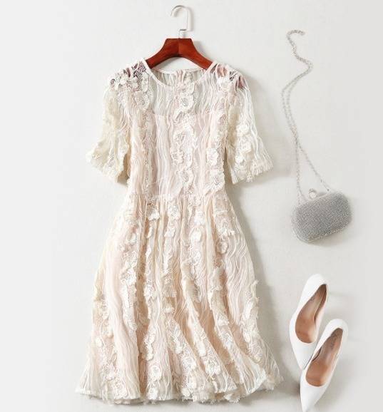 パーティードレス ２色 刺繍 花柄 立体感 半袖 レース クルーネック ミニ丈 フレア フェミニン エレガント パーティー 結婚式 二次会 パーティードレス 2色 刺繍 花柄 立体感 半袖 レース クルーネック