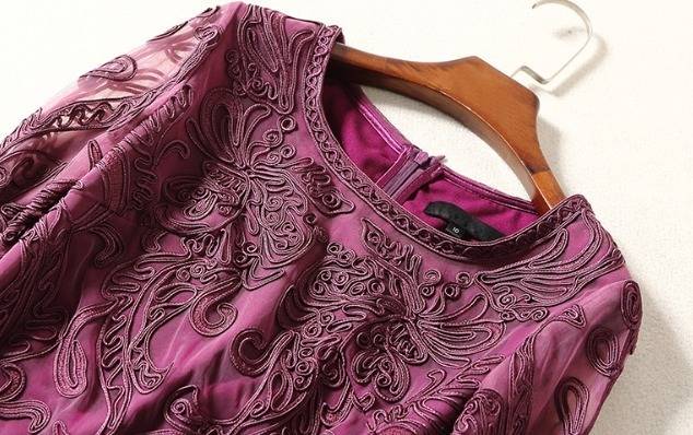 パーティードレス 立体感 刺繍 七分袖 2色 レース ボートネック ミニ丈