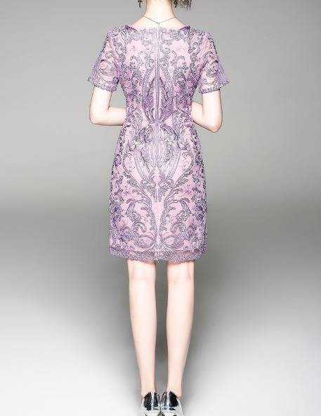 パーティードレス 立体感 刺繍 半袖 2色 レース ボートネック ミニ丈