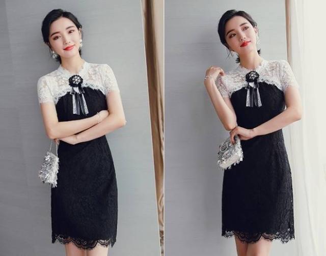 パーティードレス 花柄 レース バイカラー リボン ミニ丈 タイト 半袖