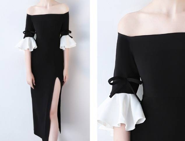 パーティードレス スリットオフショルダー フリル袖 リボン スリム