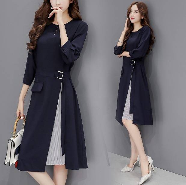 ロングドレス スレンダーライン パーティードレス ワンピースドレス 春夏 デート 記念日 女子会 ネイビー 大きいサイズ ロング丈 ミモレ丈 長袖 七分袖 袖あり Aライン Iライン シェイプ 無地 ベルト トレンチ プリーツ ラウンドネック 20代 30代