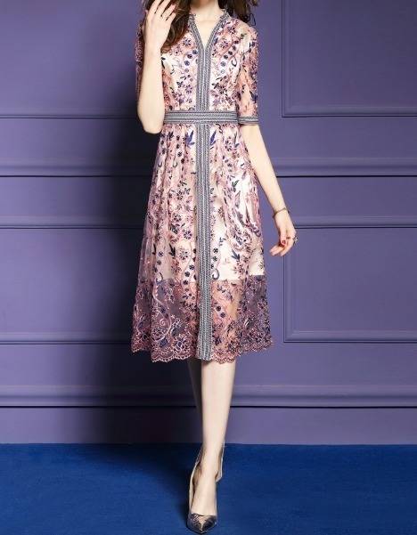 パーティードレス 花柄 レース 刺繍 2色 半袖 ラインデザイン 膝下丈