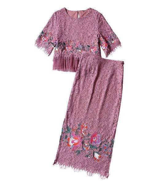 セットアップ ツーピース 花柄 刺繍 2点セット トップス＆スカート 2色 タイト 半袖 膝下丈 ミディ丈 きれいめ エレガント フェミニン セットアップ ツーピース 花柄 刺繍 2点セット トップス＆スカート 2色