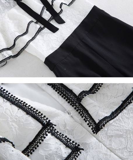 オールインワン バイカラー 可愛い 花柄 レース リボン フリル 半袖 ワイドパンツ 八分丈 モノトーン エレガント フェミニン パーティー オールインワン バイカラー 可愛い 花柄 レース リボン フリル 半袖