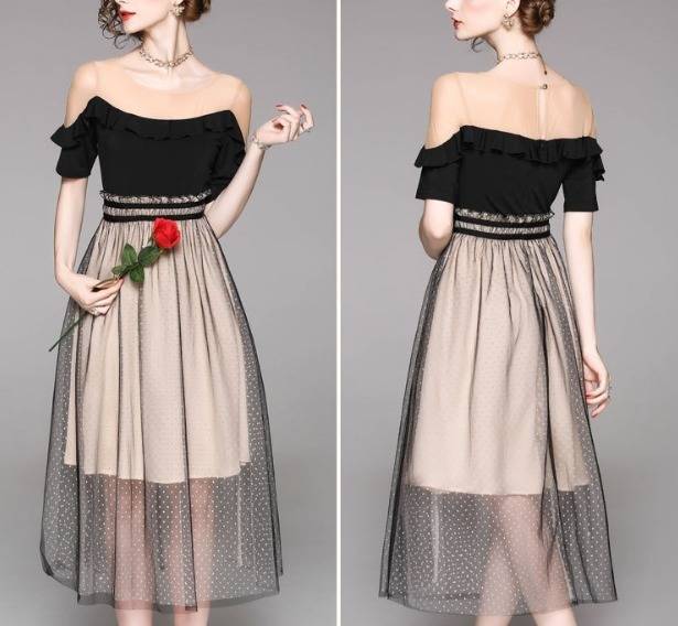 ロングドレス 袖あり パーティードレス ワンピースドレス 春夏 結婚式 二次会 披露宴 ブラック 大きいサイズ ロング丈 ミモレ丈 半袖 Aライン Xライン フレア 刺繍 ドット 水玉柄 透け感 シースルー ラウンドネック 20代 30代 フェミニン ガーリー ロングドレス 袖あり パーティードレス ワンピースドレス 春夏 結婚式