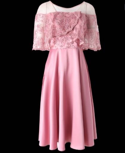 パーティードレス 花柄 刺繍 スリムウエスト ピンク ボートネック 膝丈