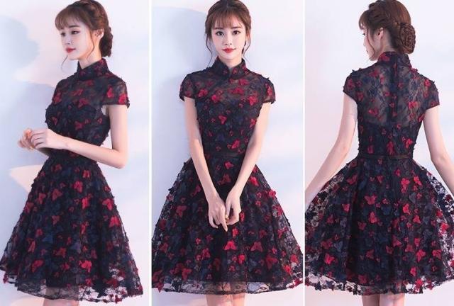 パーティードレス ショート 花柄 黒 スタンドカラー ハイネック