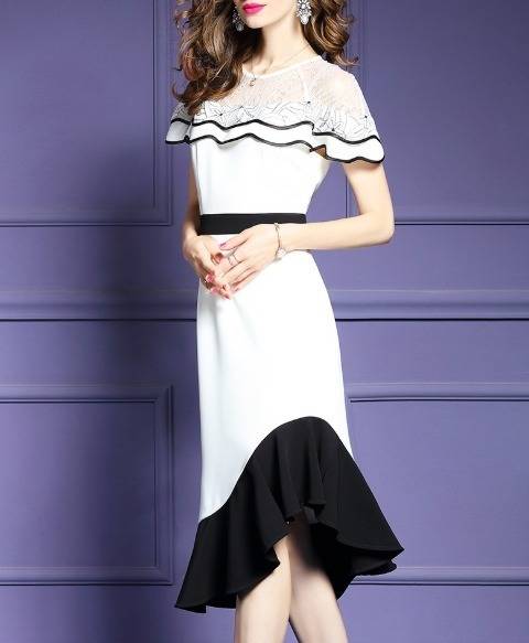パーティードレス バイカラー フリル スリム レース タイト 膝丈 ミディ丈 ラウンドネック フレア 異素材ミックス マーメイド パーティードレス バイカラー フリル スリム レース タイト 膝丈