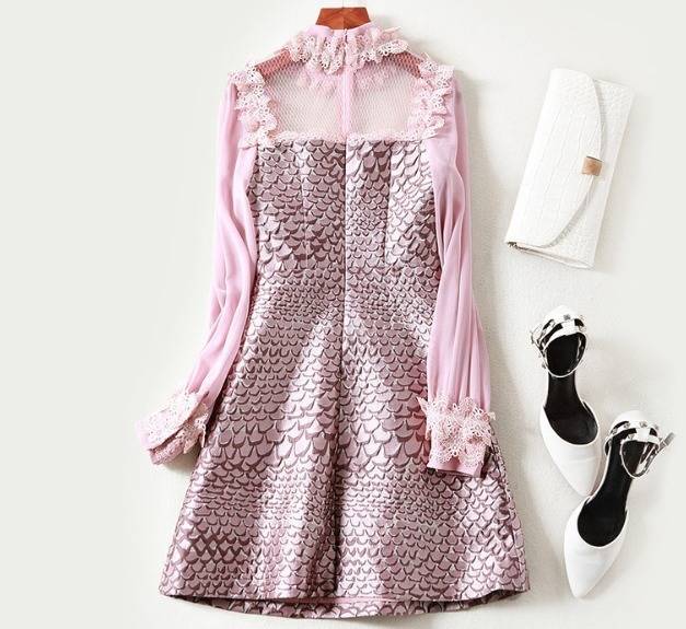 パーティーワンピース レース メッシュ 長袖 フリル ミニ丈 Aライン ドレス フレア 異素材ミックス ピンク キュート 大人可愛い 二次会 パーティーワンピース レース メッシュ 長袖 フリル ミニ丈 Aライン