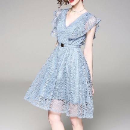 パーティードレス ベルト レース ?ネック フリル 膝上丈 ミニ丈 Aライン フレア 透け感 エレガント フェミニン パーティー 結婚式