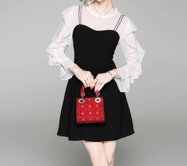 パーティーワンピース バイカラー モノトーン 可愛い フリル袖 長袖