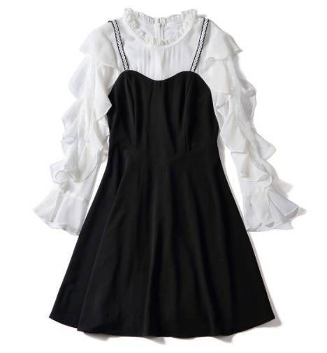 パーティーワンピース バイカラー モノトーン 可愛い フリル袖 長袖