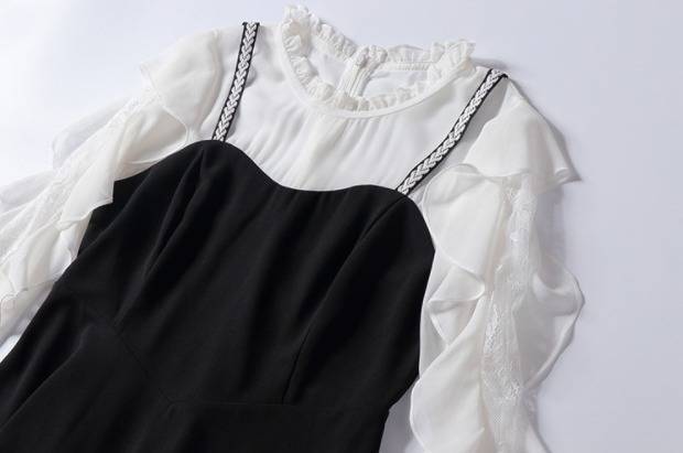 パーティーワンピース バイカラー モノトーン 可愛い フリル袖 長袖