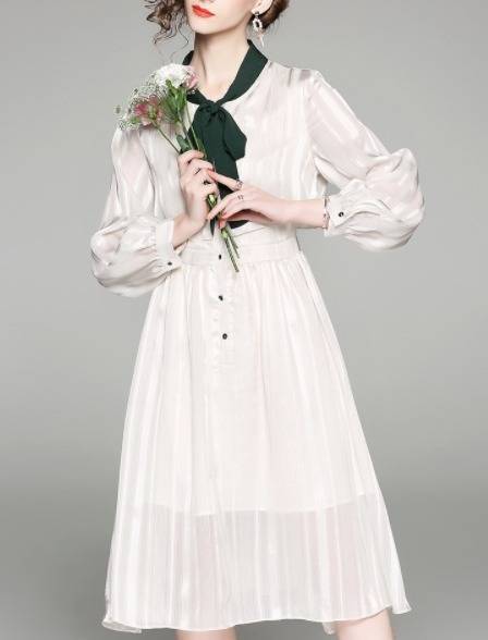 パーティーワンピース バイカラー Aライン 長袖 ラウンドネック リボンタイ フレア 膝下丈 ミディ丈 Aライン ストライプ シースルー パーティーワンピース バイカラー Aライン 長袖 ラウンドネック