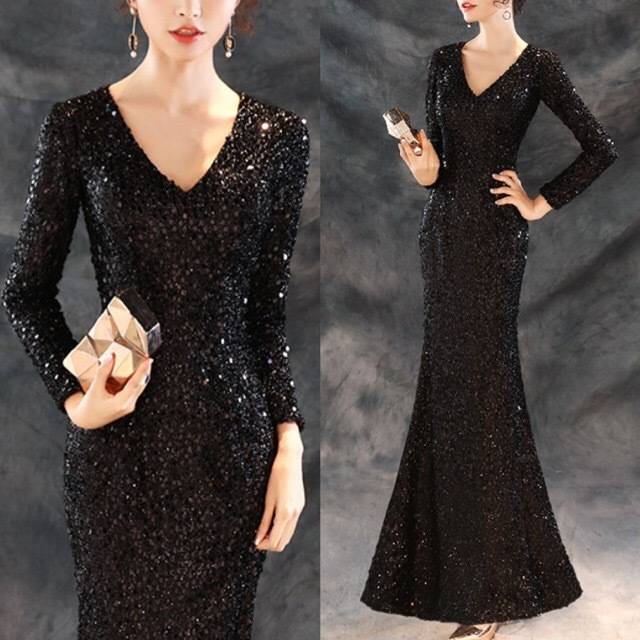 ロングドレス 黒 パーティードレス イブニングドレス 春夏 結婚式 二次会 披露宴 ブラック 大きいサイズ ロング丈 マキシ丈 長袖 袖あり マーメイドライン スパンコール Vネック 30代 40代 大人 シック フォーマル シンプル きれいめ