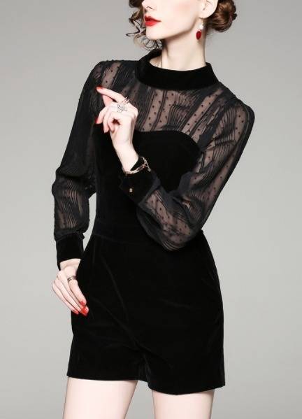 オールインワン セクシー ドット 透け感 ショートパンツ ジャンプスーツ ハイネック 長袖 無地 ストライプ エレガント パーティー オールインワン セクシー ドット 透け感 ショートパンツ ジャンプ