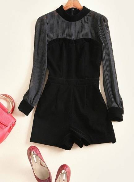 オールインワン セクシー ドット 透け感 ショートパンツ ジャンプスーツ ハイネック 長袖 無地 ストライプ エレガント パーティー オールインワン セクシー ドット 透け感 ショートパンツ ジャンプ