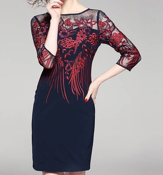 パーティードレス 刺繍 七分袖 透け感 タイト ボートネック花柄 ボタニカル エレガント パーティー 結婚式 二次会 お呼ばれ ワンピース パーティードレス 刺繍 七分袖 透け感 タイト ボートネック花柄