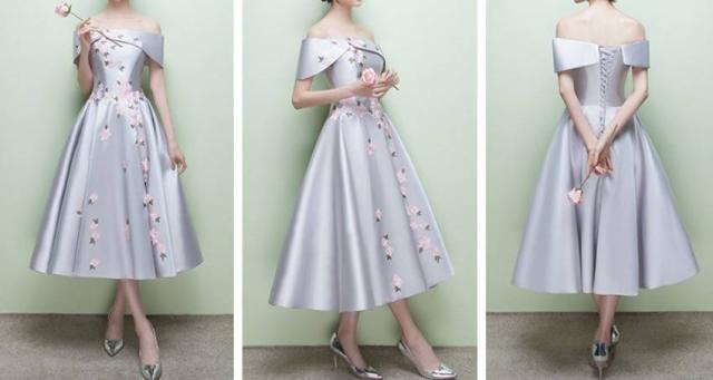 パーティードレス 可愛い 花柄 オフショルダー 4色 フレア Aライン ミモレ丈 ロング丈 フェミニン エレガント パーティー 結婚式 パーティードレス 可愛い 花柄 オフショルダー 4色 フレア Aライン