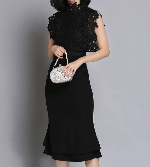 パーティードレス 花柄レース ハイネック ノースリーブ タイト フリル 膝下丈 スカラップ 無地 黒 フェミニン エレガント パーティー パーティードレス 花柄レース ハイネック ノースリーブ タイト フリル