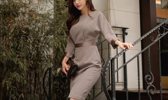 パーティーワンピース 七分袖 ボートネック 膝丈 スリット タイト