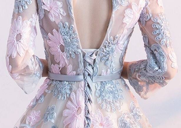 パーティードレス 3色 可愛い ミニドレス 刺繍 花柄 七分袖 膝丈