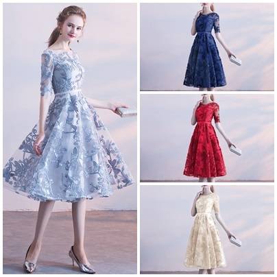 パーティードレス マリアージュドレス 春夏 結婚式 二次会 披露宴 ネイビー 大きいサイズ ひざ丈 ひざ下丈 五分袖 半袖 袖あり Aライン Xライン フレア 刺繍 レース 花柄 透け感 シースルー ラウンドネック 20代 30代 フォーマル フェミニン ガーリー