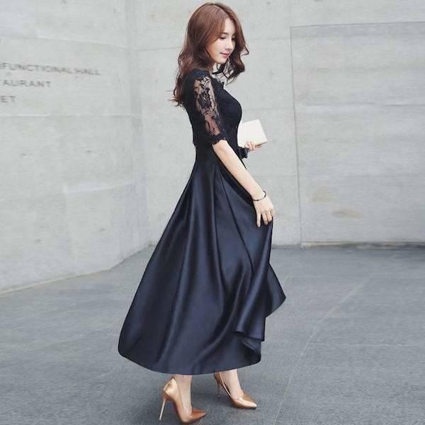 パーティードレス レース サテンスカート ロング ハイネック スカラップ フレア Aライン ウエストリボン レースアップ ファスナー